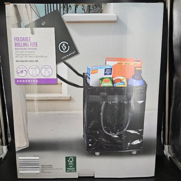 Aldi Black 22" Foldable Rolling Tote Shopping Bag Wheels Grocery Cart Dupe Pull - Picture 5 of 10